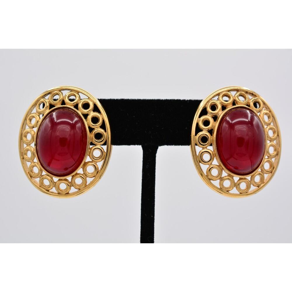 Givenchy Vintage Cabochon Earrings Red Oval Gold Chunky Signed Retro 1980s BinAZ